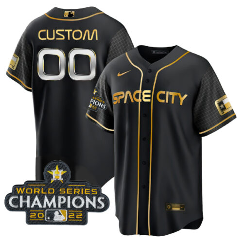 Men's Houston Astros Custom Black Gold 2022 World Series Champions Stitched Baseball Jersey